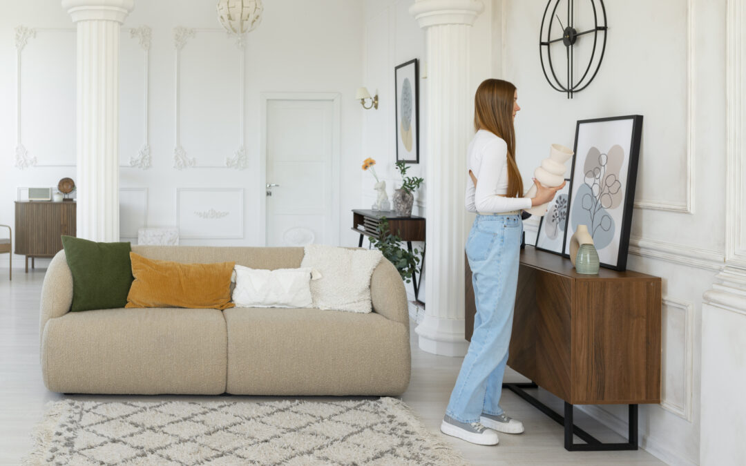 Femme décorant un espace de vie épuré et lumineux